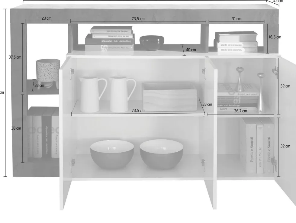 Madia 146x93 moderna con tre ante e ripiano per soggiorno bianco e pero ML18