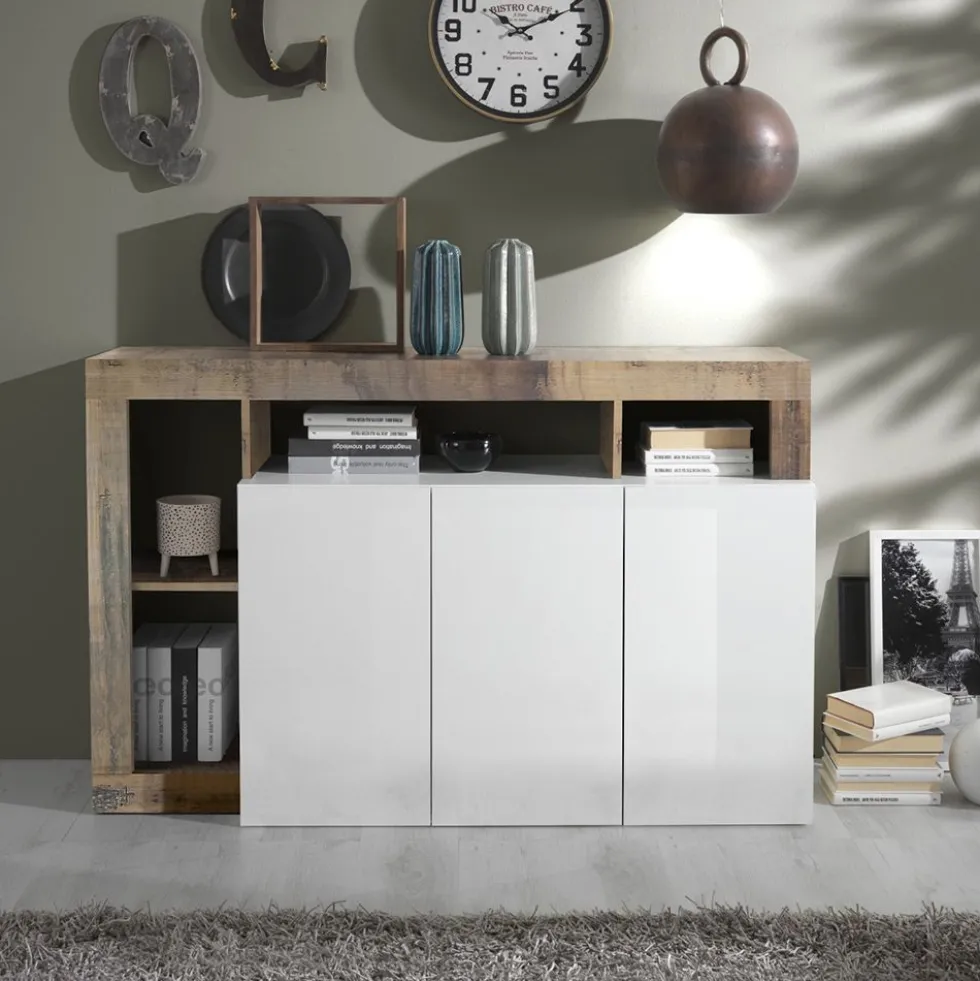 Madia 146x93 moderna con tre ante e ripiano per soggiorno bianco e pero ML18