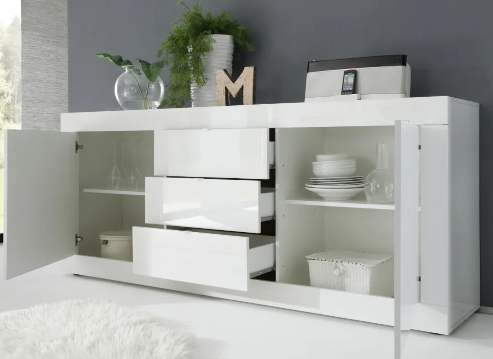 Madia 210x86 moderna con tre cassetti e due ante bianco lucido ML5