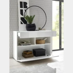 Madia 110x82 moderna con un cassetto e un’anta a ribalta bianco lucido ML43