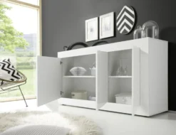 Madia 160x86 moderna da soggiorno con tre ante battenti bianco lucido ML7