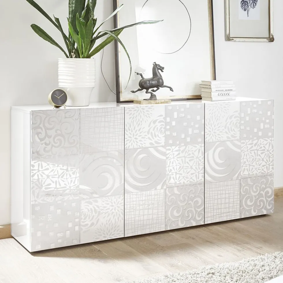 Madia 181x84 moderna per living con tre ante battenti bianco serigrafato ML36