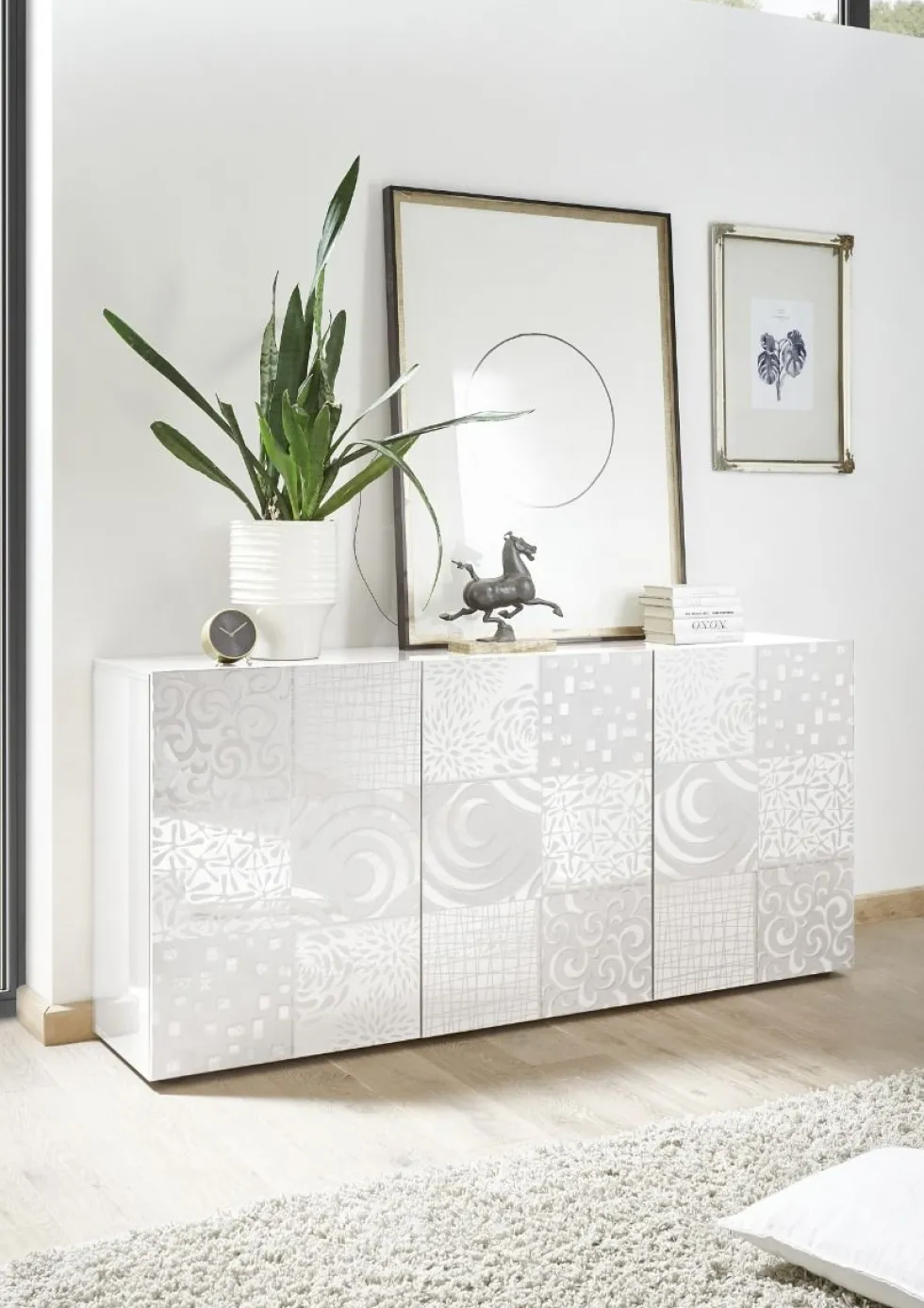 Madia 181x84 moderna per living con tre ante battenti bianco serigrafato ML36