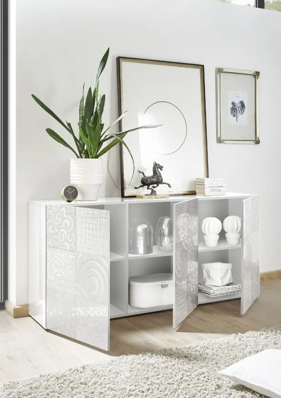 Madia 181x84 moderna per living con tre ante battenti bianco serigrafato ML36