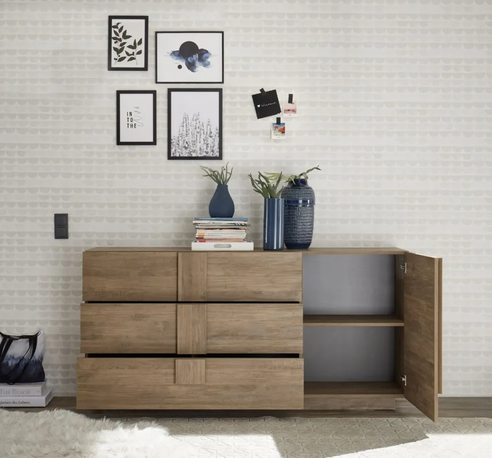 Madia 181x90 moderna per zona giorno con tre cassetti e anta singola rovere ML26