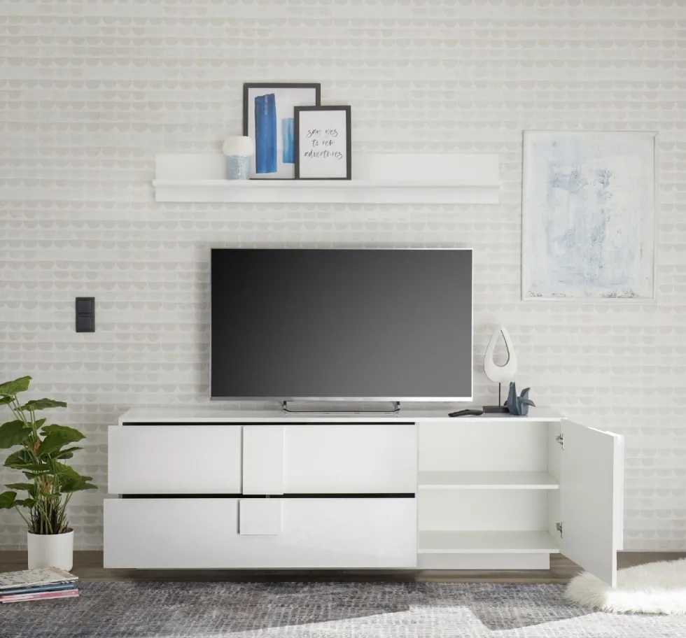 Madia 181x63 versatile moderna per soggiorno con ampi cassetti e anta singola bianco lucido ML29