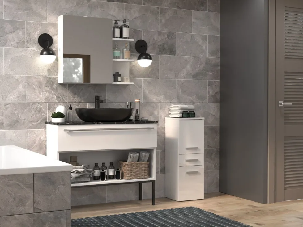 Mobile bagno salvaspazio 30x85 cm con 2 ante bianco lucido MBT1