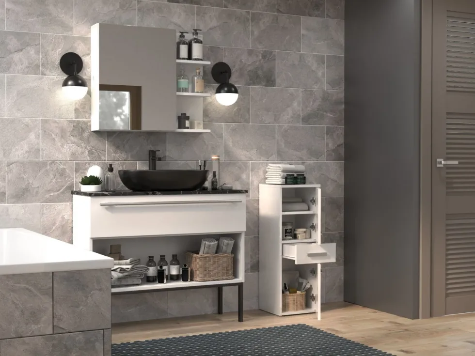 Mobile bagno salvaspazio 30x85 cm con 2 ante bianco lucido MBT1