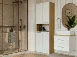 Mobile bagno sospeso 60 cm con 2 cassetti bianco e rovere MLBT1