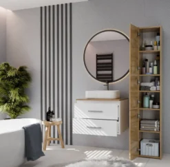 Mobile bagno sospeso 60 cm con 2 cassetti bianco e rovere MLBT1