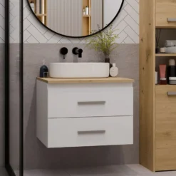 Mobile bagno sospeso 60 cm con 2 cassetti bianco e rovere MLBT1