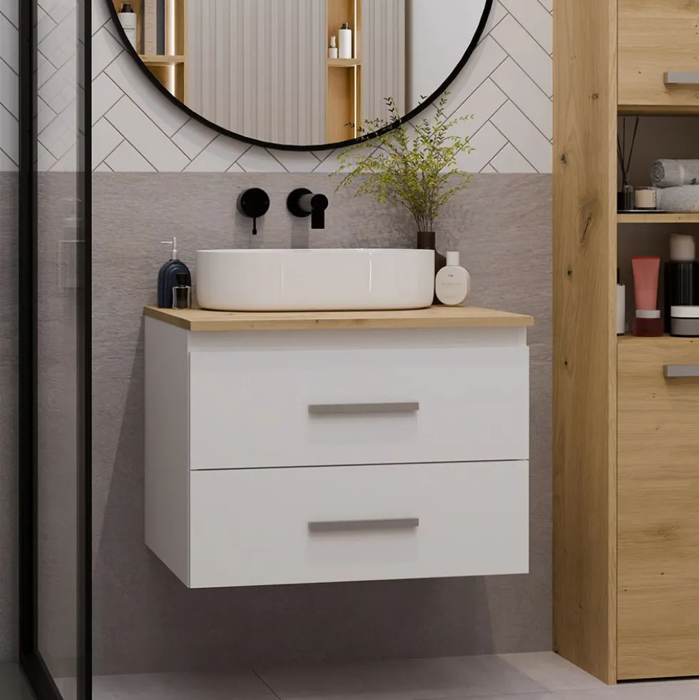 Mobile bagno sospeso 60 cm con 2 cassetti bianco e rovere MLBT1