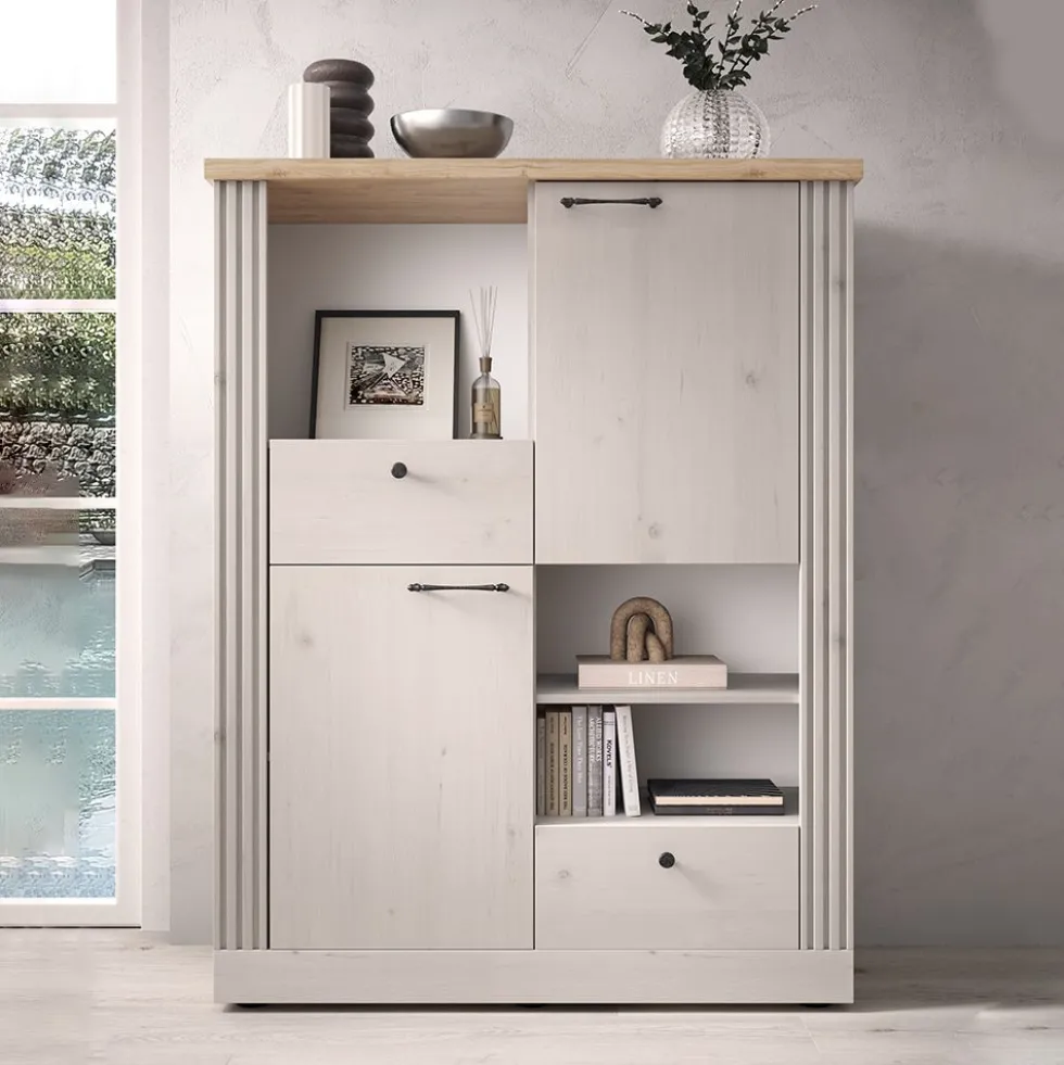 Mobile contenitore con 2 cassetti 118x160 cm bianco effetto legno e rovere MCL18