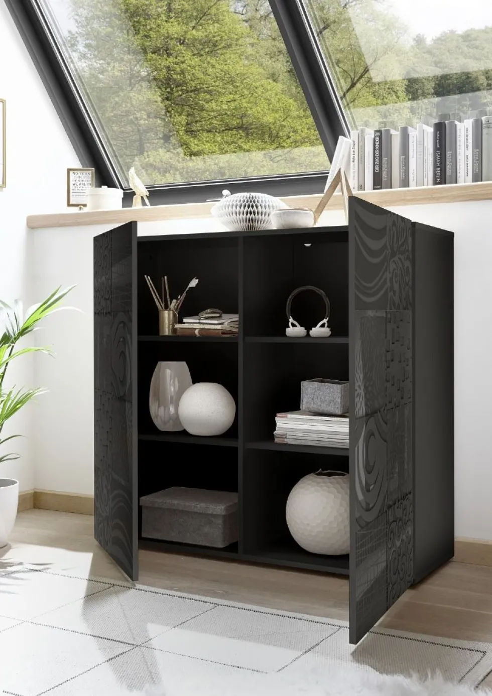 Mobile contenitore 121x111cm a due ante battenti design geometrico grigio serigrafato MCL11