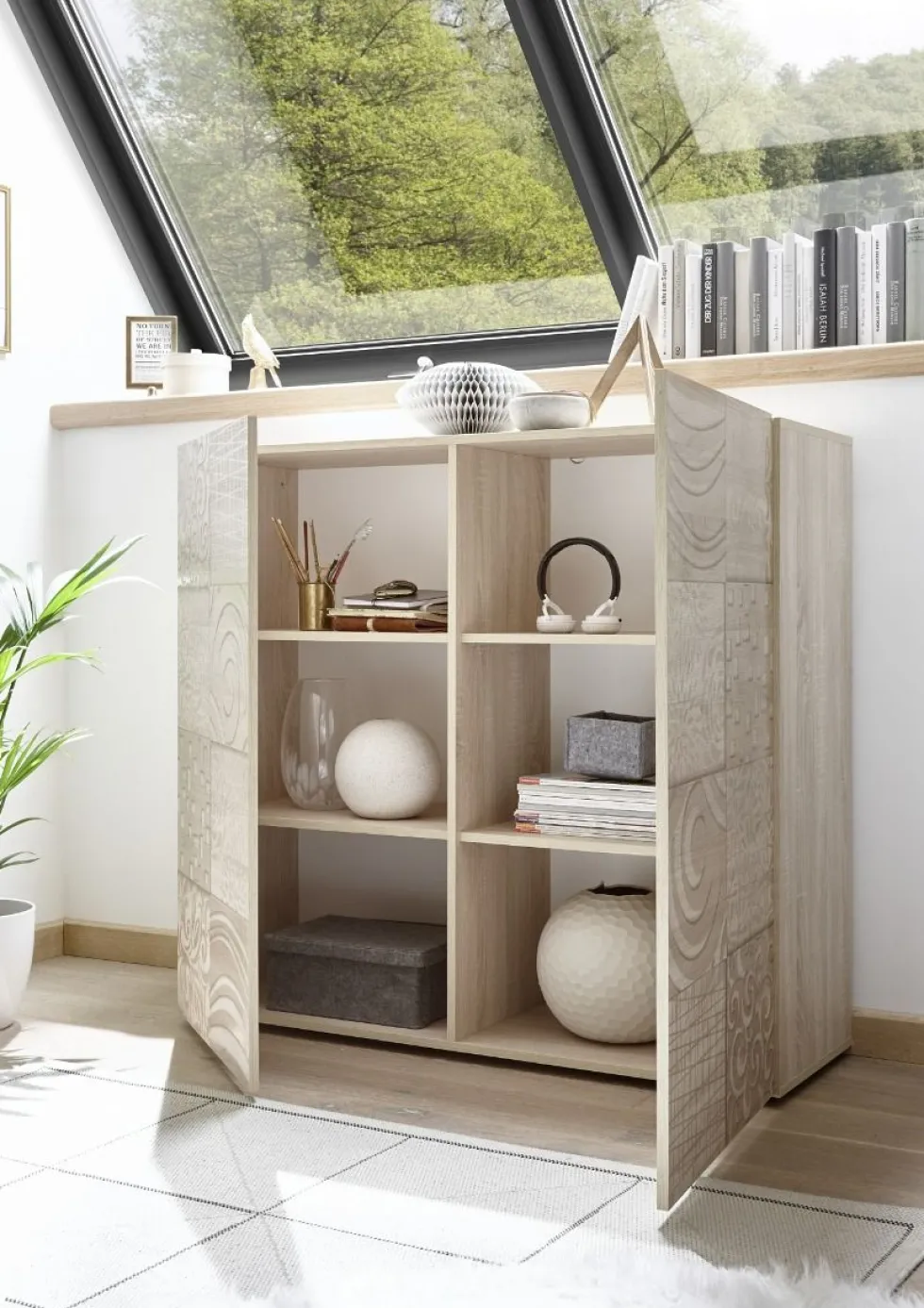 Mobile contenitore 121x111cm a due ante battenti design geometrico rovere serigrafato MCL11