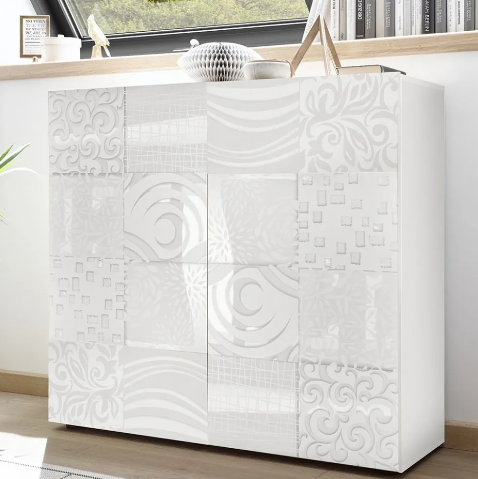 Mobile contenitore 121x111cm a due ante battenti design geometrico bianco serigrafato MCL11