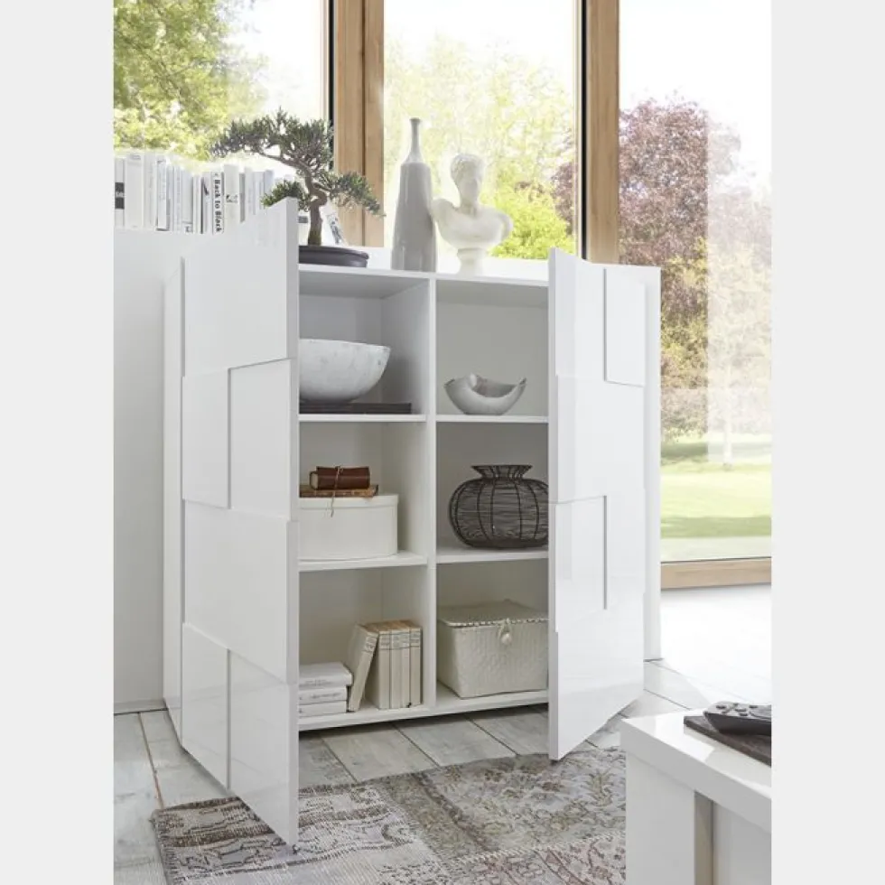 Mobile contenitore 121x111cm da salotto con due ante design geometrico bianco lucido MCL3