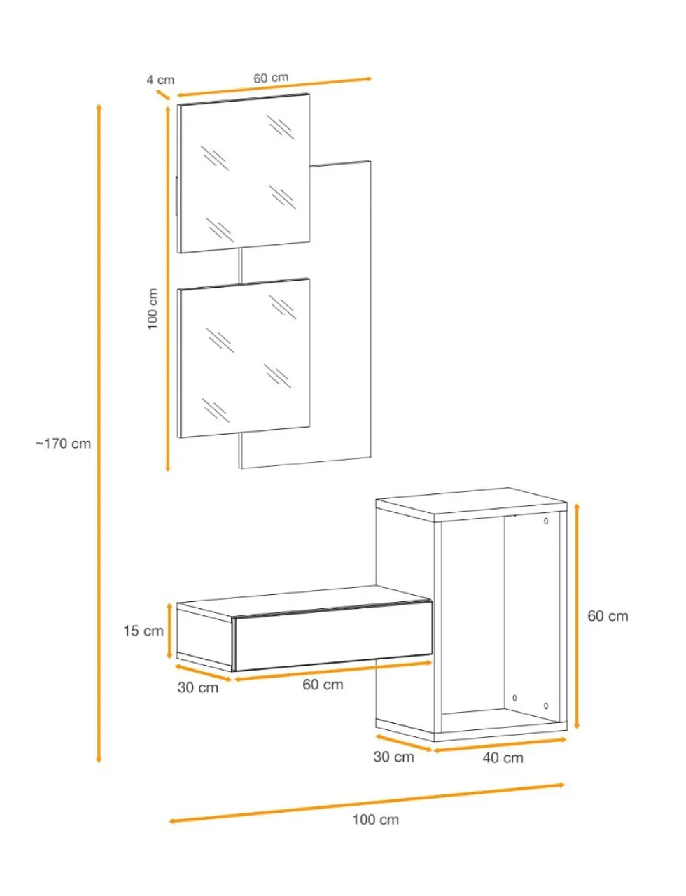 Mobile da ingresso 100x170cm sospeso design moderno rovere e nero IP1