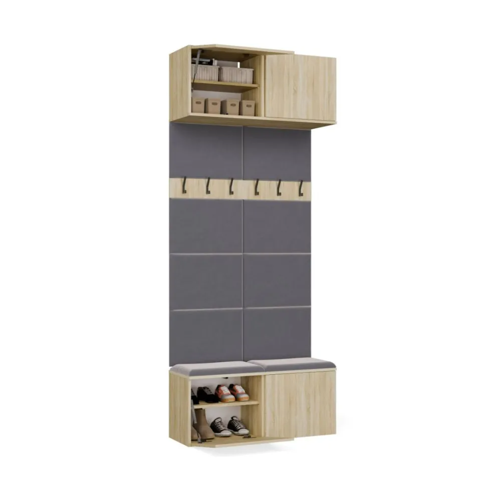Mobile ingresso appendiabiti 100x238 con panca rovere chiaro e grigio MIT14