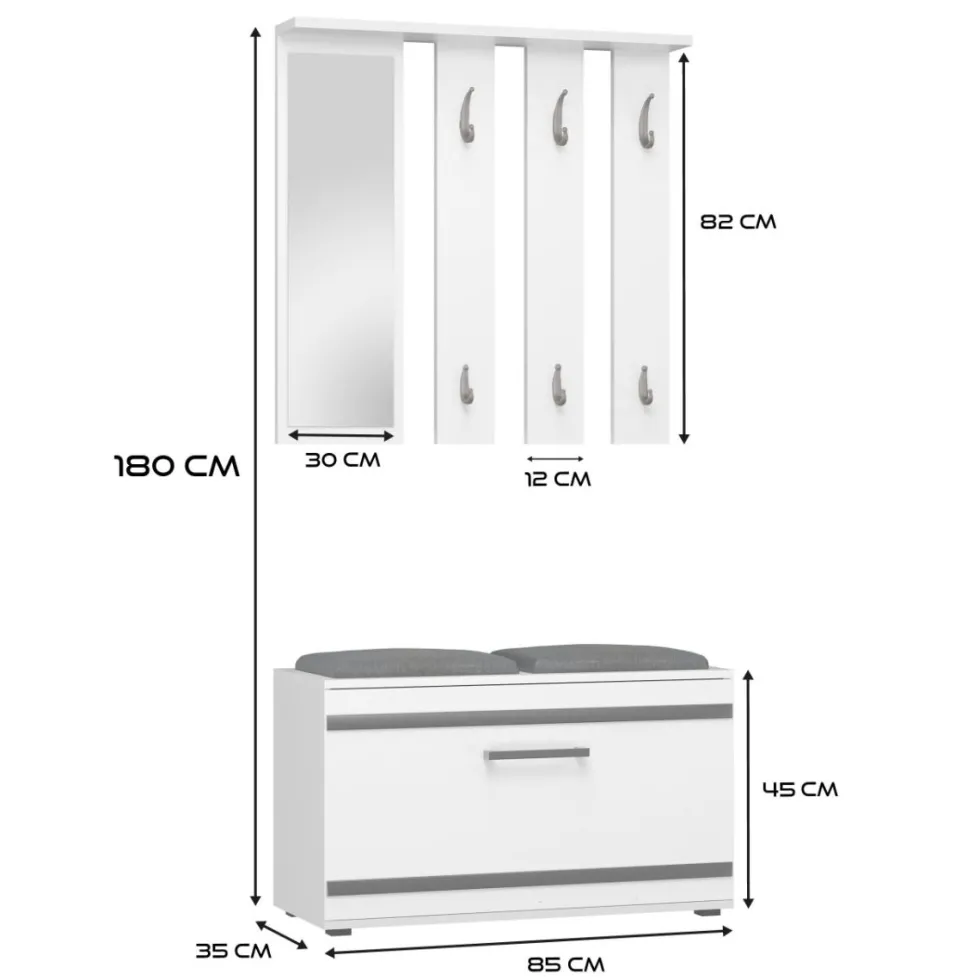 Mobile ingresso con appendiabiti e scarpiera bianco e grigio MIT2