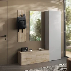 Mobile ingresso con colonna larga 165x186 cm grigio chiaro e rovere IL18