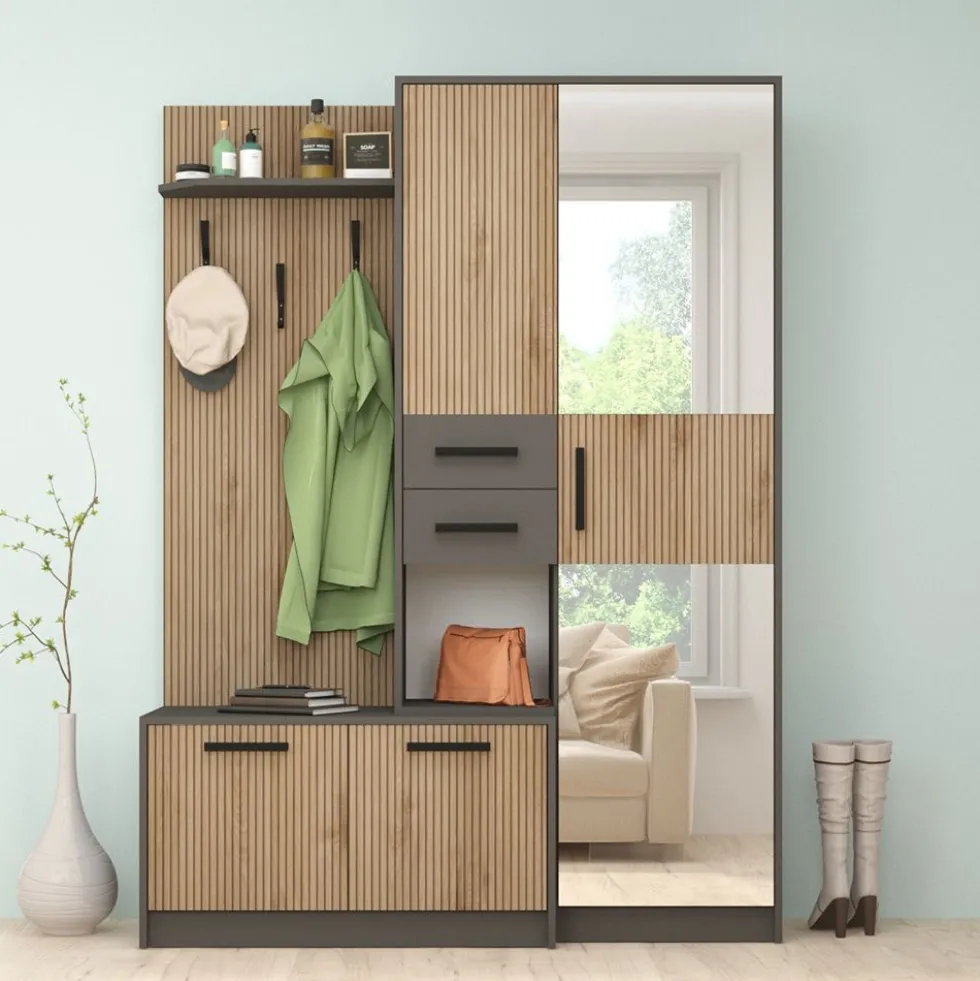 Mobile ingresso con scarpiera e specchio rovere dogato/antracite IG17