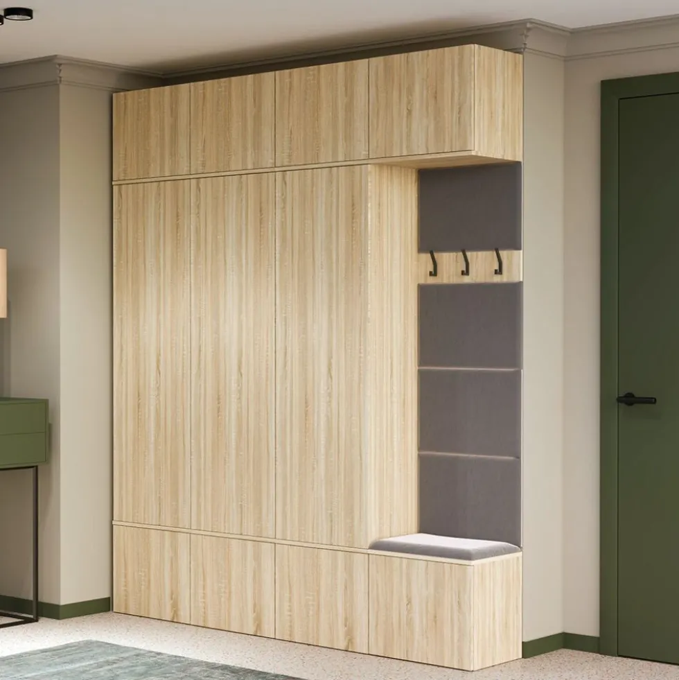 Mobile ingresso guardaroba 200x238 con panca rovere chiaro e grigio MIT13