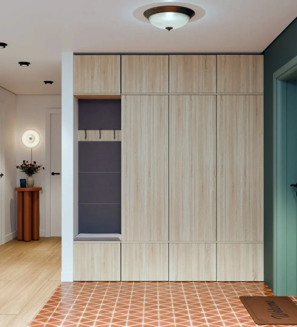 Mobile ingresso guardaroba 200x238 con panca rovere chiaro e grigio MIT13