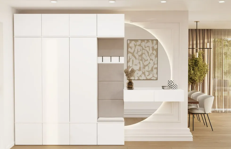 Mobile ingresso guardaroba 200x238 con panca bianco e beige cashmere MIT13