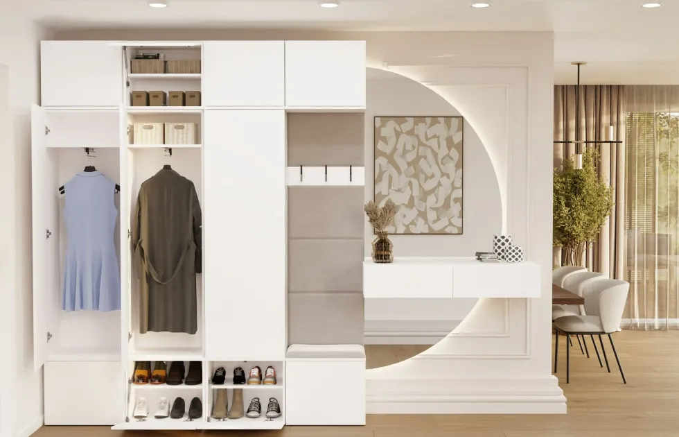 Mobile ingresso guardaroba 200x238 con panca bianco e beige cashmere MIT13
