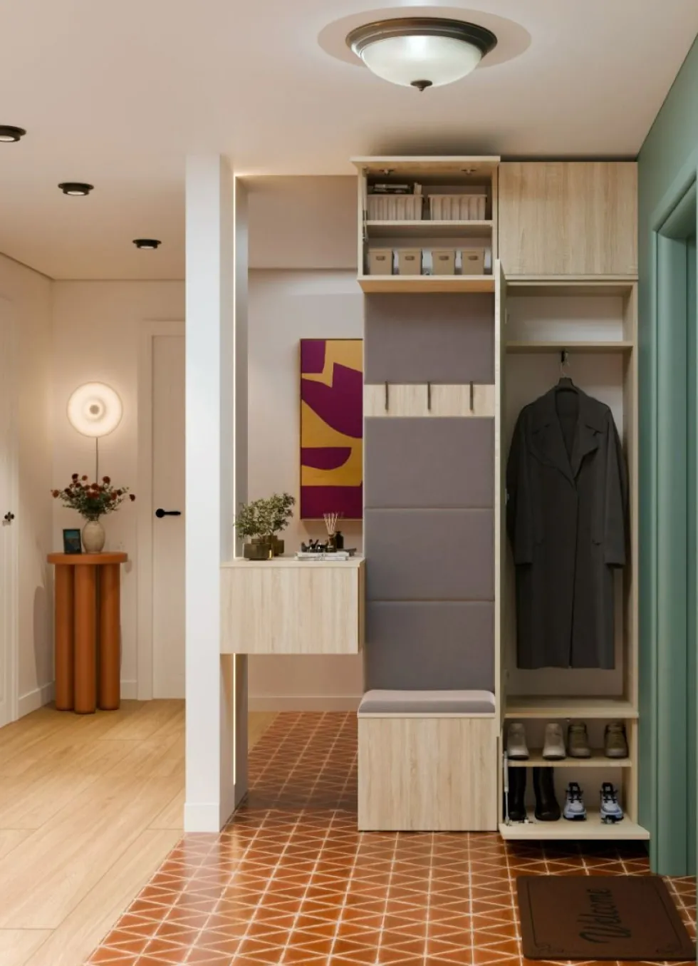 Mobile ingresso guardarobe 100x238 con appendiabiti rovere chiaro e grigio MIT15