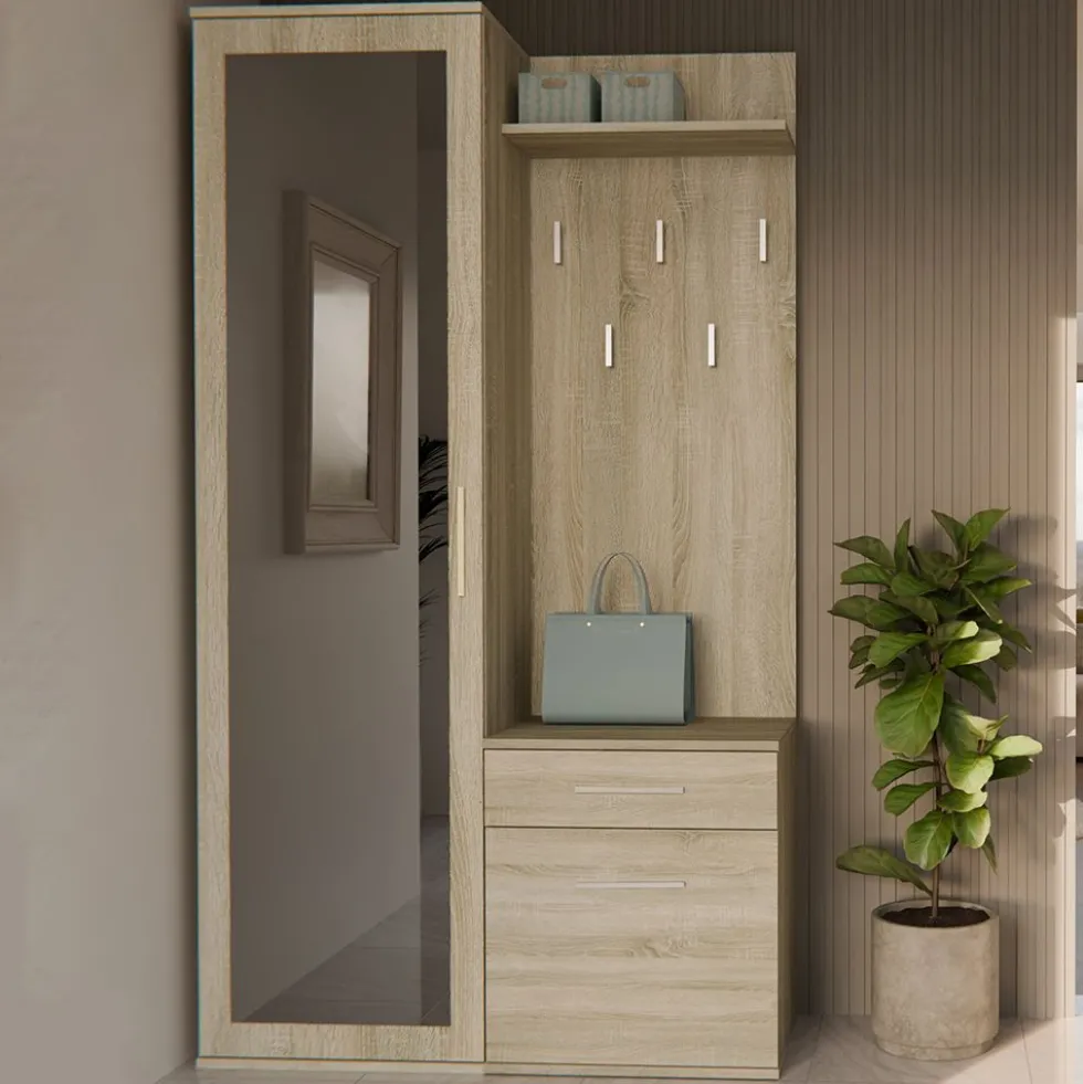 Mobile ingresso moderno con specchio rovere chiaro MIT3