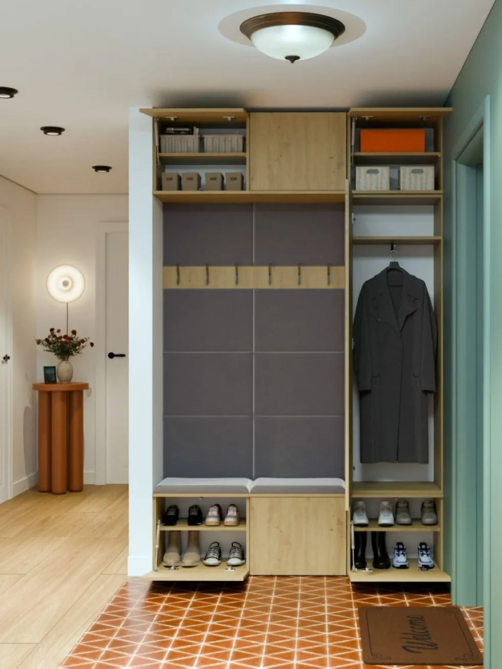 Mobile ingresso moderno 150x238 con scarpiera rovere e grigio MIT10