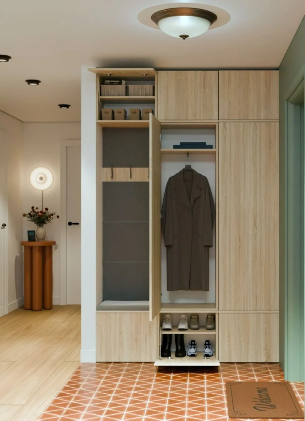 Mobile ingresso moderno 150x238 con guardaroba rovere chiaro e grigio MIT11