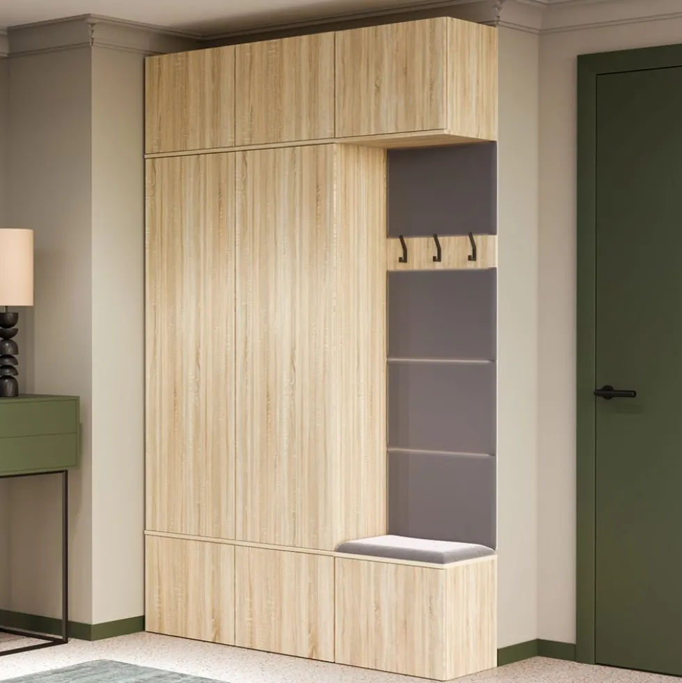 Mobile ingresso moderno 150x238 con guardaroba rovere chiaro e grigio MIT11