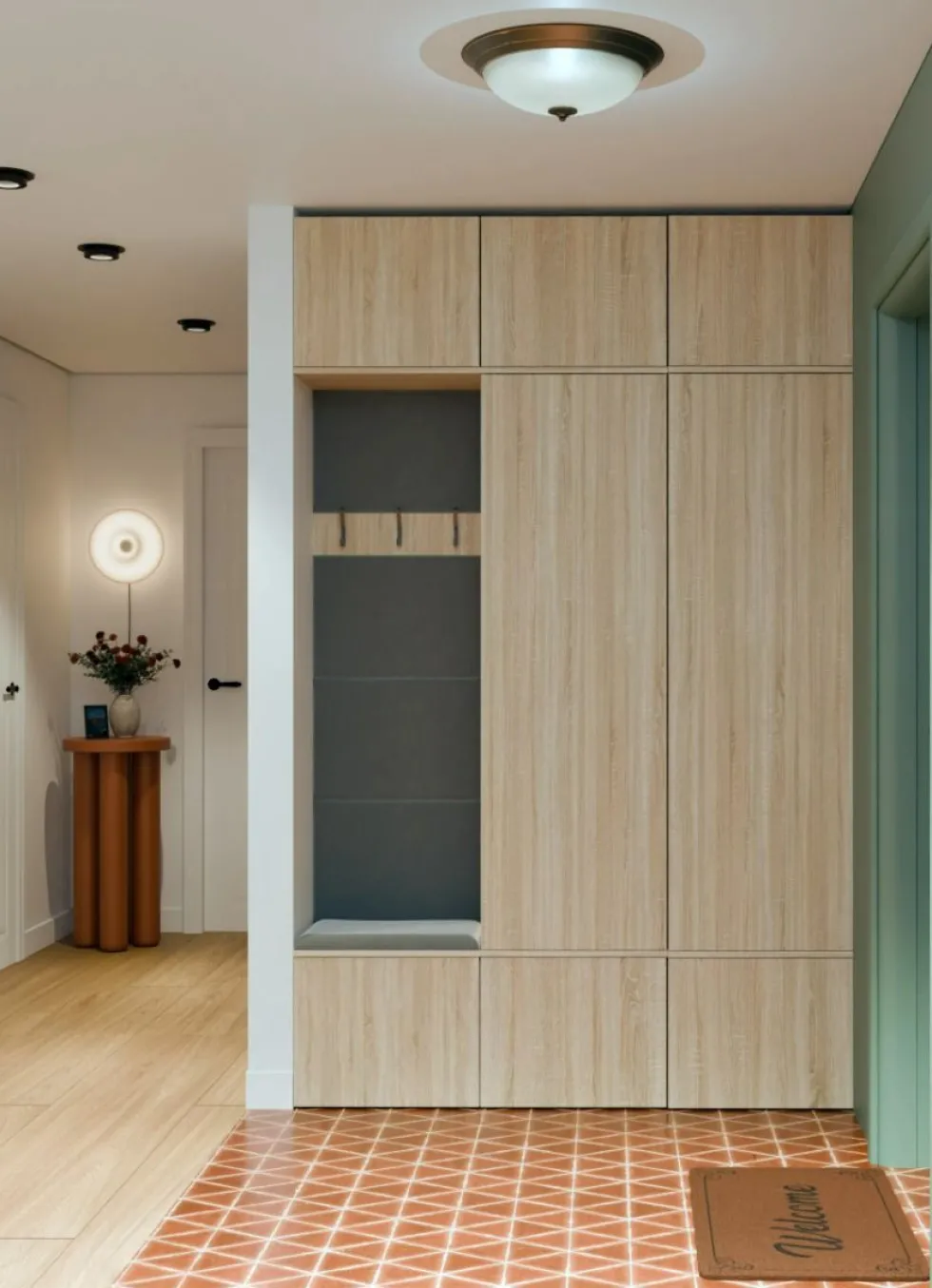 Mobile ingresso moderno 150x238 con guardaroba rovere chiaro e grigio MIT11
