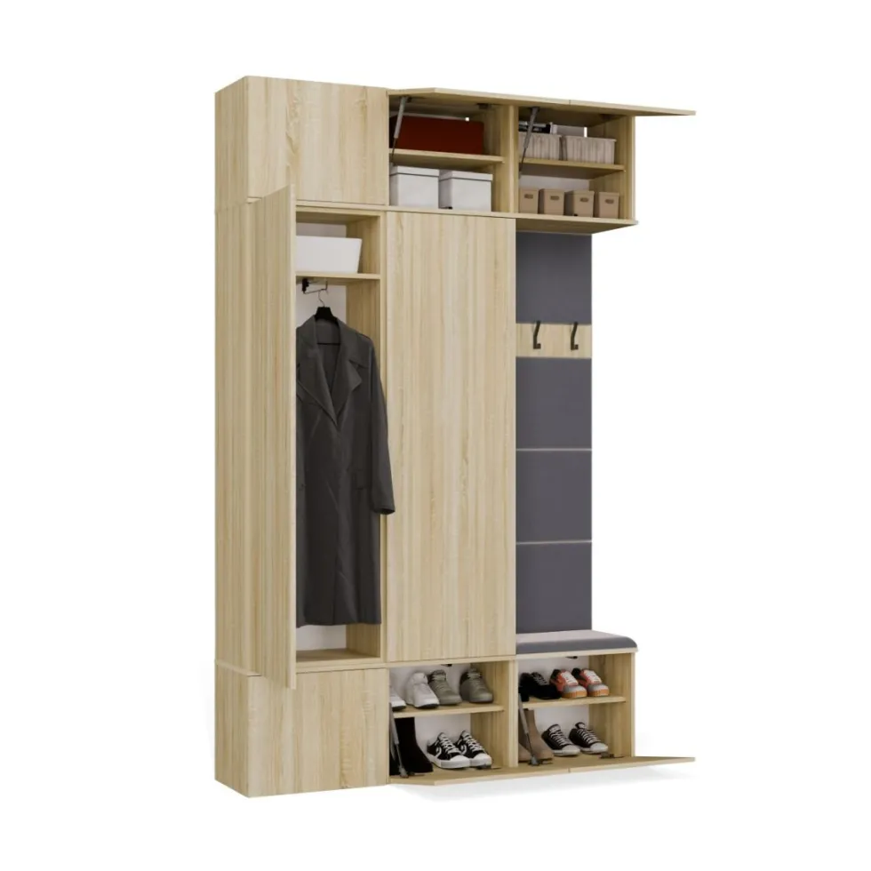 Mobile ingresso moderno 150x238 con guardaroba rovere chiaro e grigio MIT11
