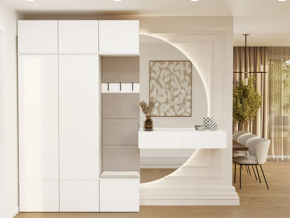 Mobile ingresso moderno 150x238 con guardaroba bianco e beige cashmere MIT11