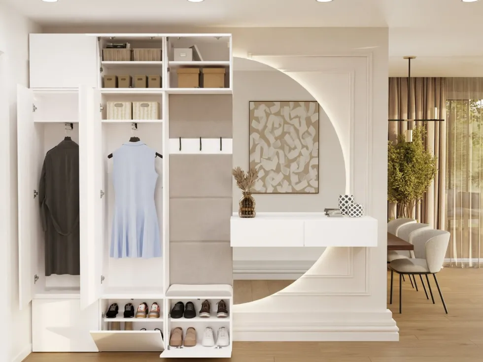 Mobile ingresso moderno 150x238 con guardaroba bianco e beige cashmere MIT11