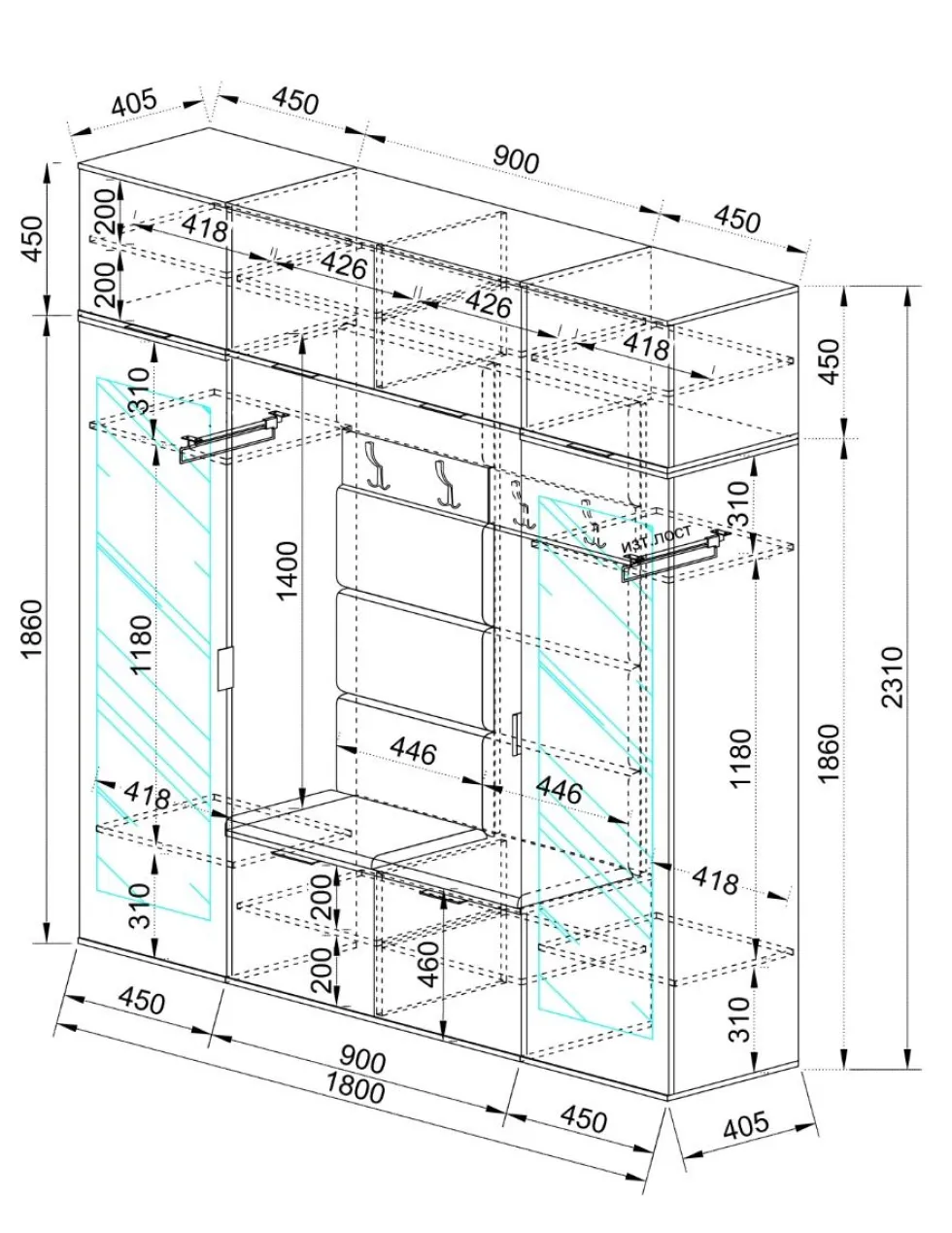 Mobile ingresso 180x231cm moderno con specchi II17