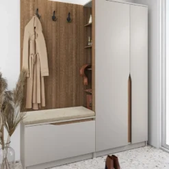 Mobile ingresso 160x188 cm noce e beige con 3 ganci appendiabiti e scarpiera a ribalta II26
