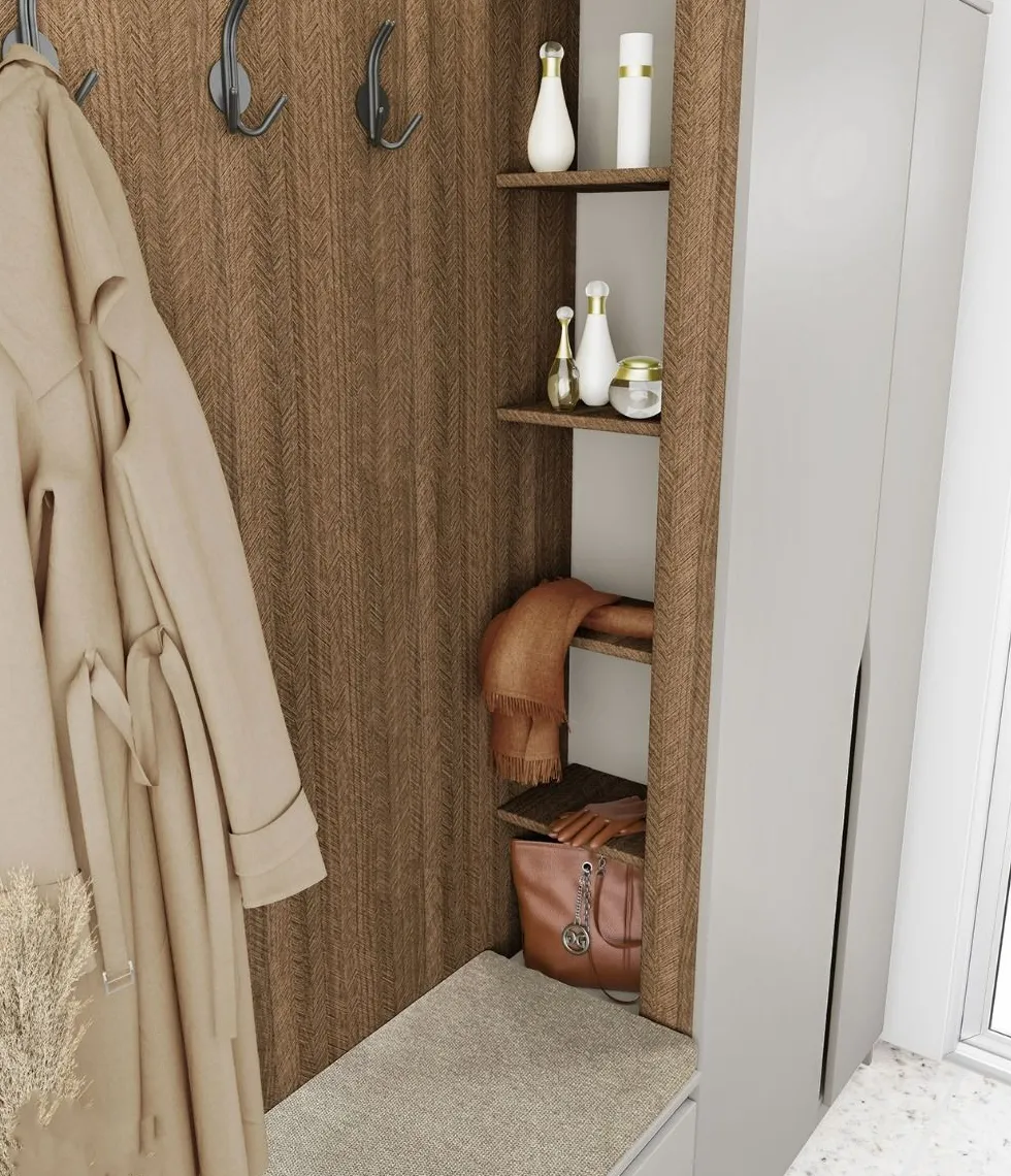 Mobile ingresso 160x188 cm noce e beige con 3 ganci appendiabiti e scarpiera a ribalta II26
