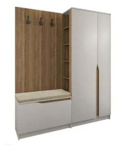 Mobile ingresso 160x188 cm noce e beige con 3 ganci appendiabiti e scarpiera a ribalta II26