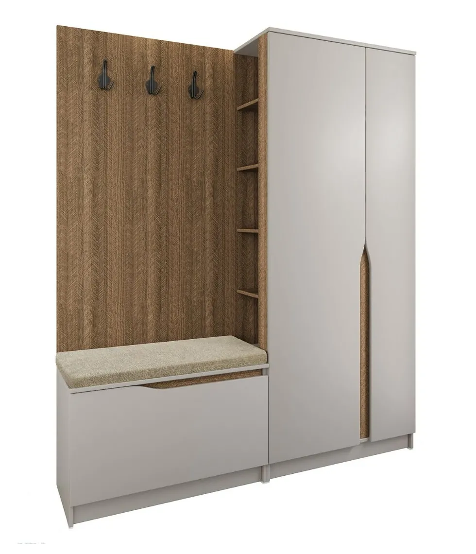 Mobile ingresso 160x188 cm noce e beige con 3 ganci appendiabiti e scarpiera a ribalta II26