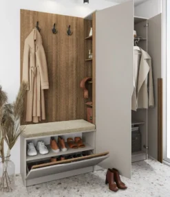 Mobile ingresso 160x188 cm noce e beige con 3 ganci appendiabiti e scarpiera a ribalta II26