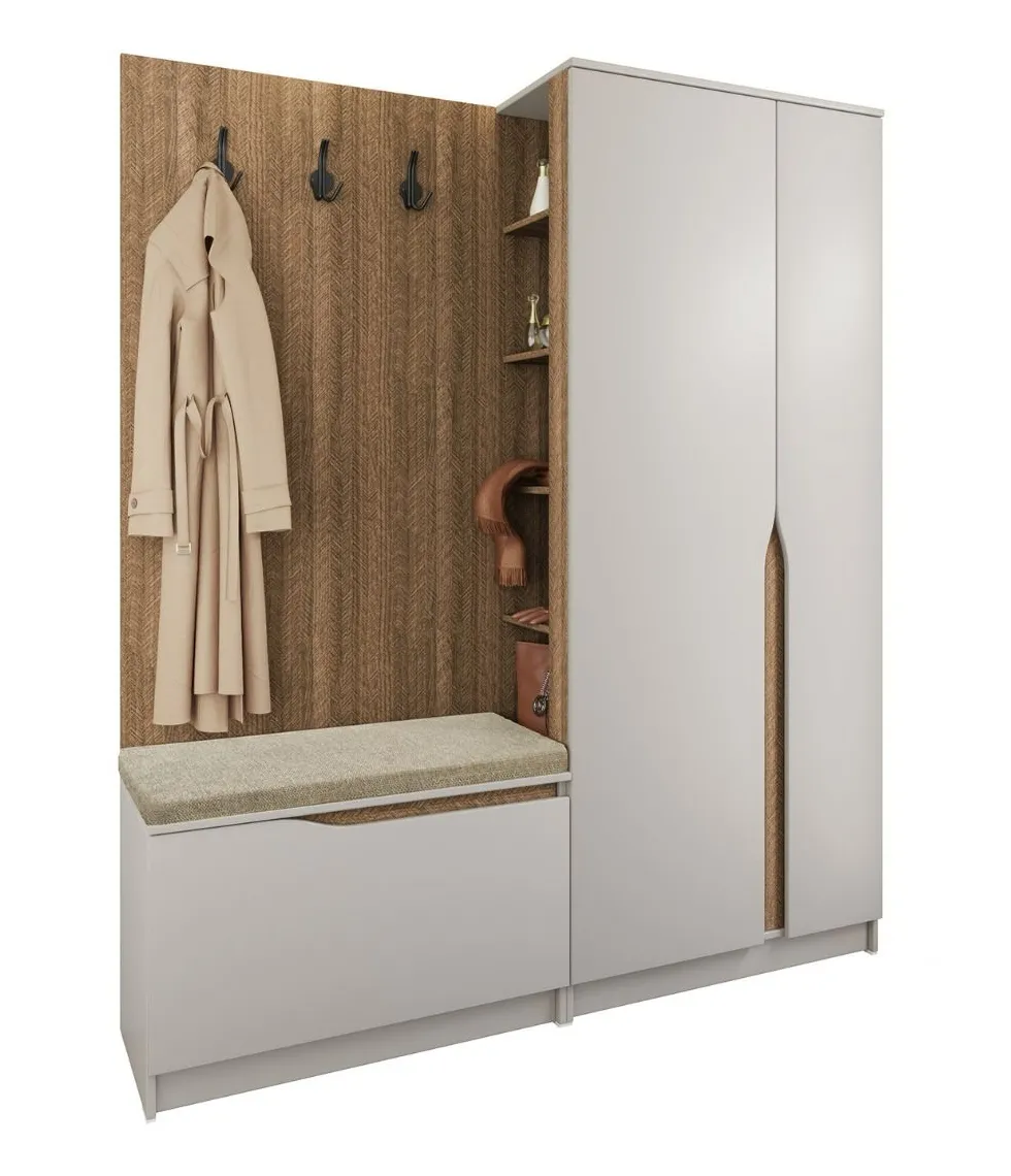 Mobile ingresso 160x188 cm noce e beige con 3 ganci appendiabiti e scarpiera a ribalta II26