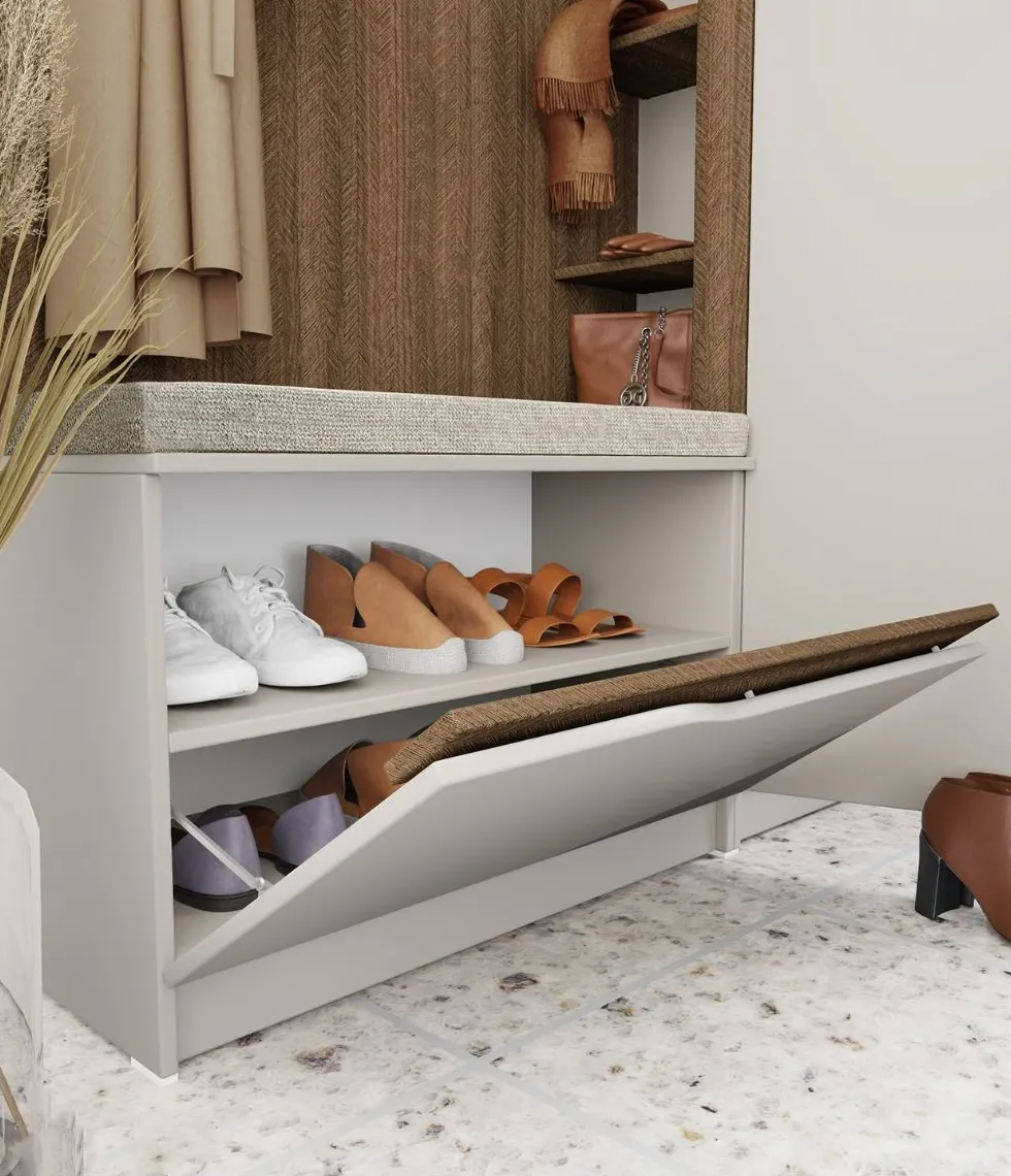 Mobile ingresso 160x188 cm noce e beige con 3 ganci appendiabiti e scarpiera a ribalta II26