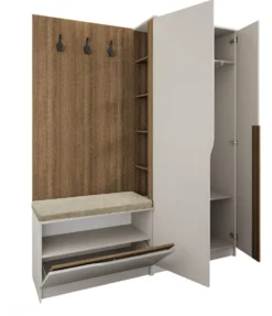 Mobile ingresso 160x188 cm noce e beige con 3 ganci appendiabiti e scarpiera a ribalta II26