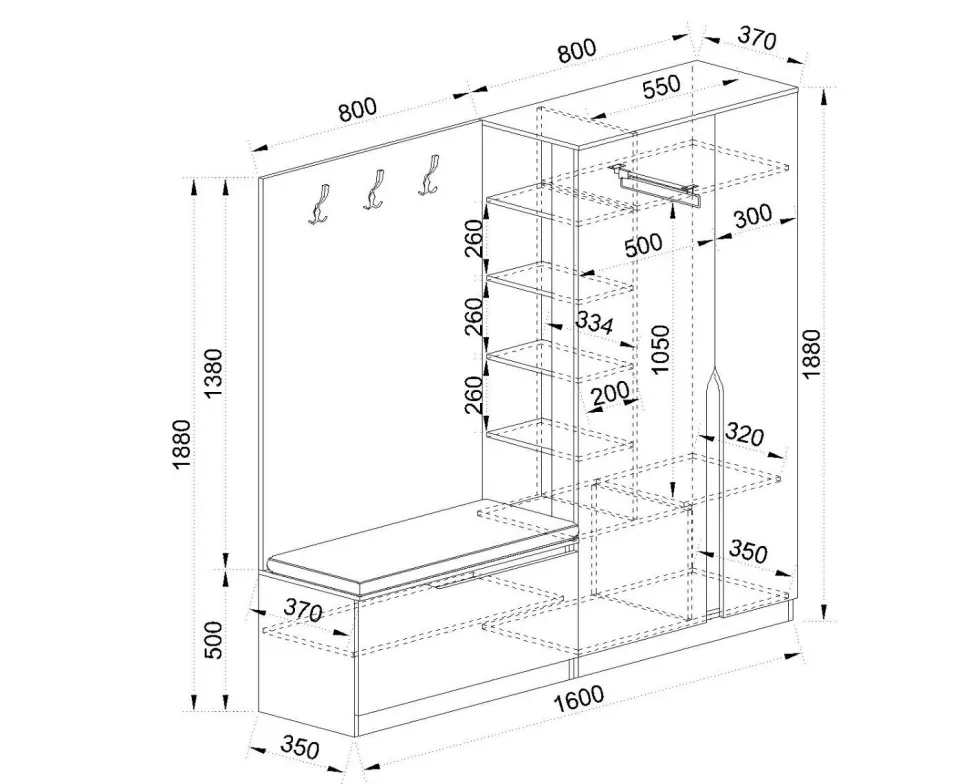 Mobile ingresso 160x188 cm noce e beige con 3 ganci appendiabiti e scarpiera a ribalta II26