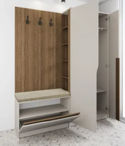 Mobile ingresso 160x188 cm noce e beige con 3 ganci appendiabiti e scarpiera a ribalta II26